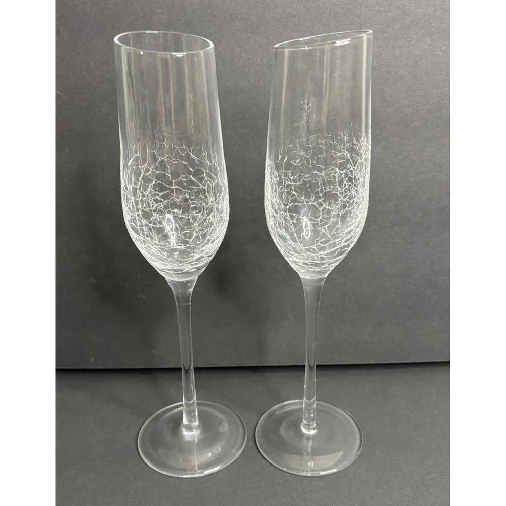 2 Pier 1 Angled Rim Crackle Champagne Flutes Glass Clear 9 7/8